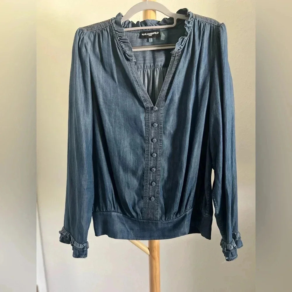 KARL LAGERFELD PARIS
Ruffle Trim Chambray Blouse Size M